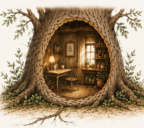 A hand-painted oak tree with a carved doorway revealing a cozy study inside — desk, chair, warm lamp, shelves, and plants